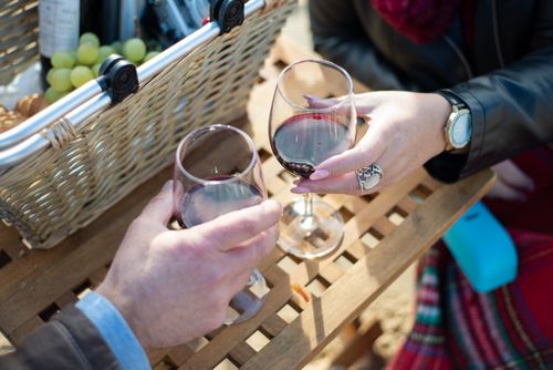 Free Two people clinking glasses of red wine near a picnic basket outdoors. Stock Photo