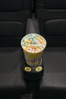 Vibrant popcorn in a cinema seat cup holder. Perfect snack photo for movie themes.