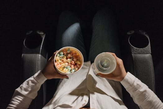 Close-up of a person holding colorful popcorn and a drink, seated in a movie theater.
