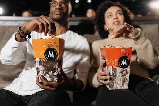 A couple enjoys popcorn while watching a movie in a theater.
