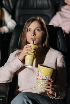 A woman seated in a theater, holding popcorn and a drink while watching a movie.