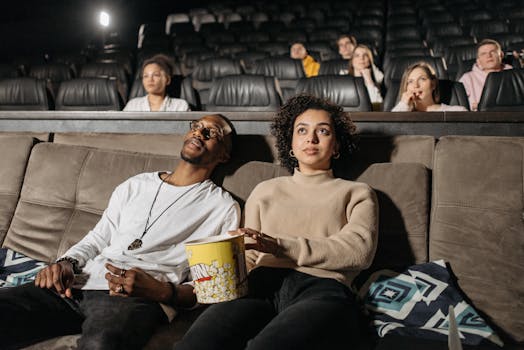 A diverse couple enjoys a relaxing movie night with popcorn in a cozy cinema setting.