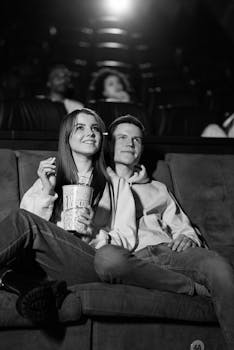 A happy couple sitting together in a movie theater, enjoying a film in black and white.