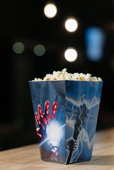 Close-up of popcorn in a superhero-themed bag, perfect for movie nights.