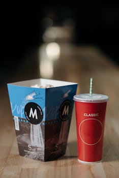 Cinematic popcorn and soda set on a wooden table, ideal for movie nights.