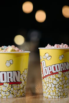 Two buckets of colorful popcorn in yellow containers against a bokeh light background.