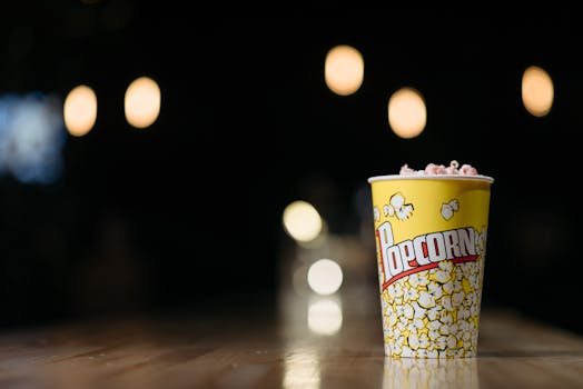 Close-up of popcorn in a yellow cup on a wooden table with blurred lights in the background, creating a cinematic ambiance.