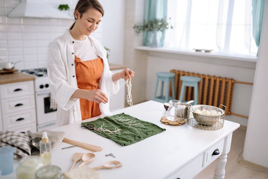 Young woman in bright kitchen preparing fresh homemade pasta from scratch.