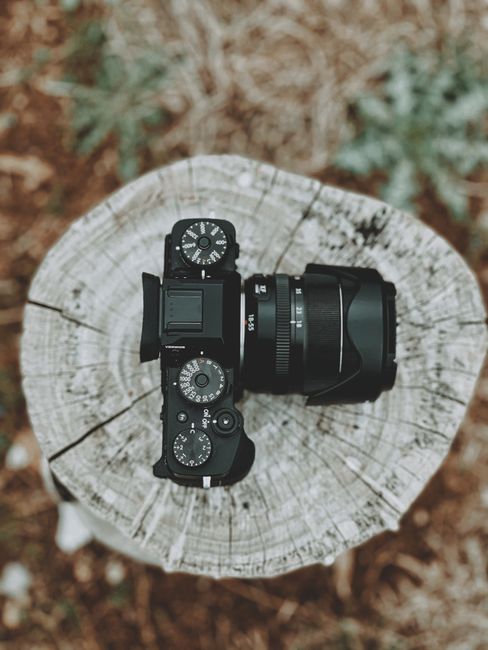 Top view of modern black professional photo camera with lens placed on stump with cracks in rural area with green vegetation
