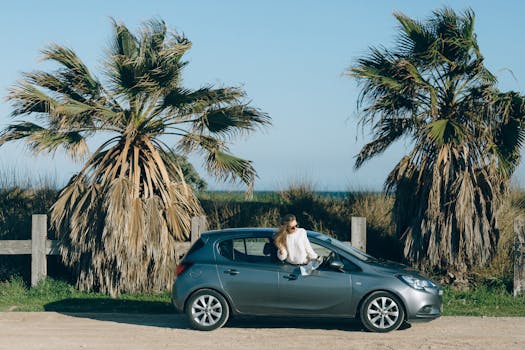 Young woman in a car by palm trees on a scenic coastal road, embodying adventure and exploration.