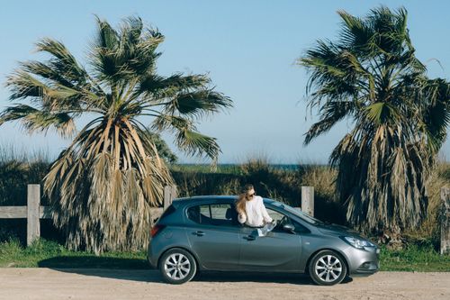 Free Young woman in a car by palm trees on a scenic coastal road, embodying adventure and exploration. Stock Photo