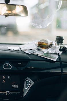 Messy car dashboard featuring a sandwich in foil, maps, and a camera lens, emphasizing travel and adventure.