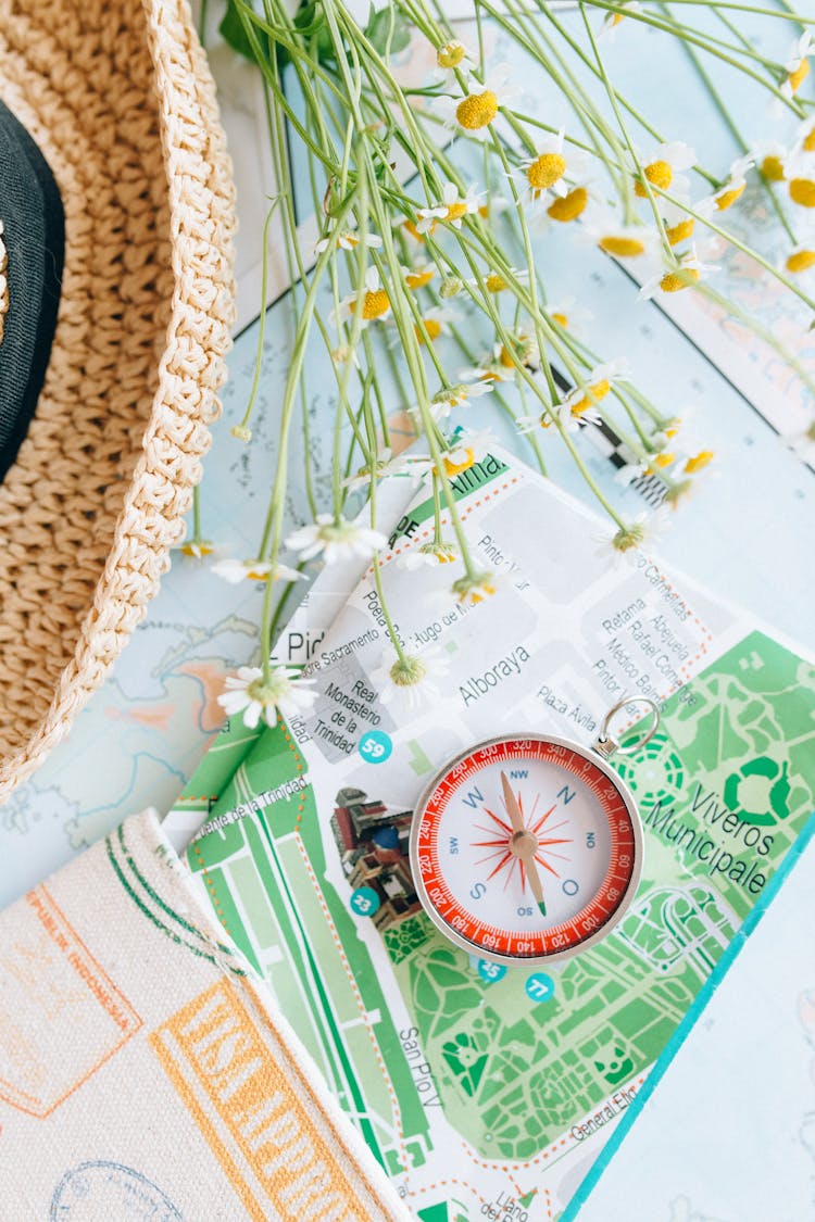 Overhead Shot Of A Compass Near Flowers