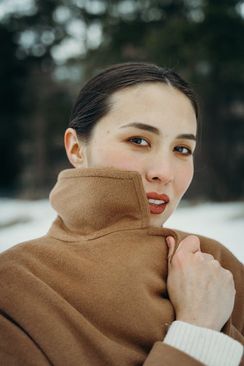 Portrait of a Woman Touching the Collar of Her Brown Coat