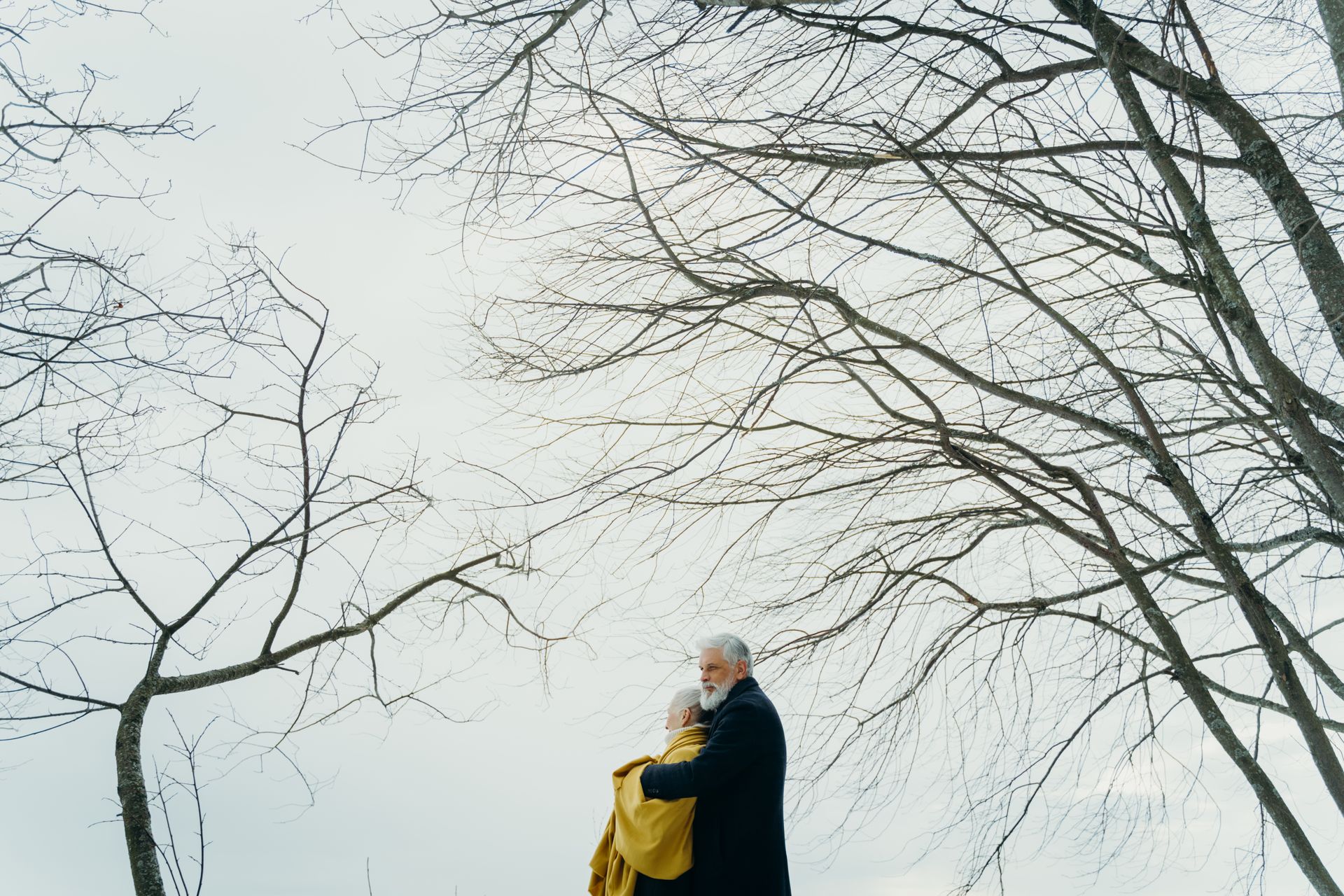 An elderly couple shares a heartfelt embrace outdoors beneath leafless trees.