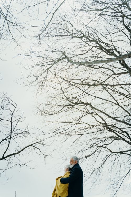 Free Senior couple embracing under bare winter trees, evoking warmth and love. Stock Photo