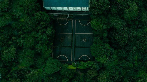 Aerial Shot of Basketball Courts Surrounded with Green Trees