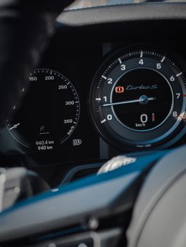 Focused view of a car's dashboard with detailed speedometer and odometer readings.