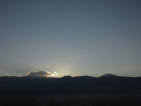 Silhouette of mountain range at sunrise with clear sky and subtle cloud formations.