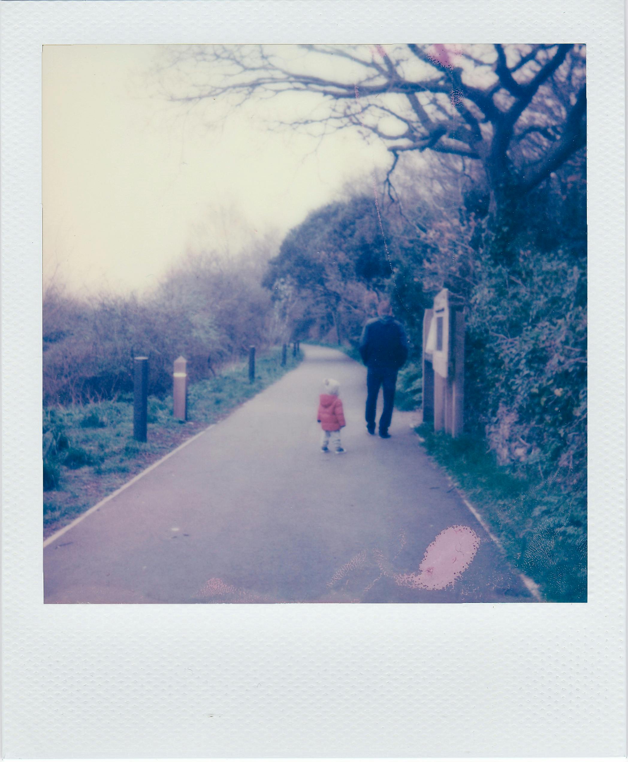 A father and child walk along a peaceful, tree-lined path in a rural park setting.