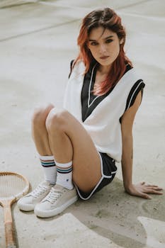 Young woman sitting on tennis court with racket, conveying sporty and relaxed vibe.