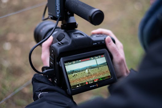 Hands holding a digital camera capturing a rural landscape through its screen.