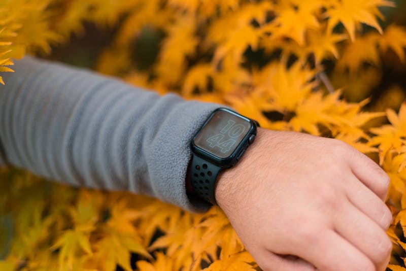 Close-up of a smartwatch on a wrist surrounded by vibrant autumn leaves.