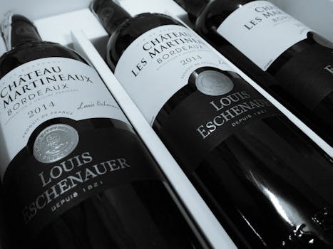 Close-up of Château Martineaux Bordeaux wine bottles highlighting elegance and luxury.