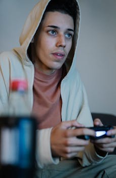 A young man in a hoodie intensely concentrates on a video game indoors.