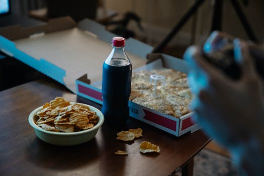 A table set with pizza, chips, and soda, perfect for a cozy night in.