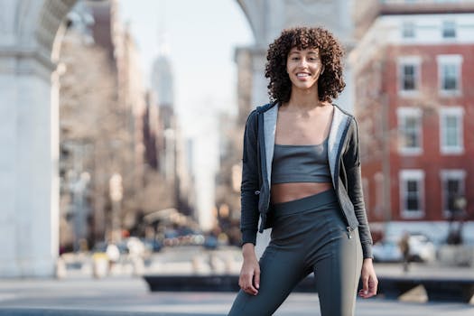 Happy woman in activewear enjoys a sunny day in a city park.