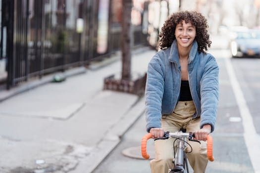 Cheerful woman riding a bicycle on a sunny day in the city, exuding positivity and joy.