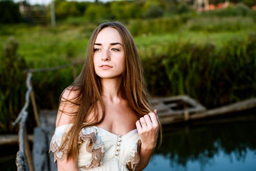 A Woman Wearing an Off-Shoulder Dress Outdoors by Kiro Wang