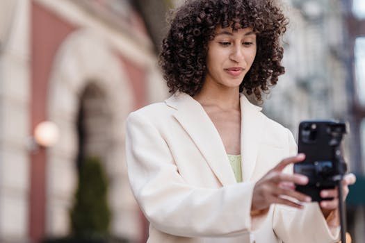 Charming young woman vlogging with a smartphone in an urban setting.