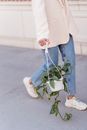 Crop anonymous female in stylish outfit and sneakers walking on sidewalk with hanging planter with green foliage on street in city