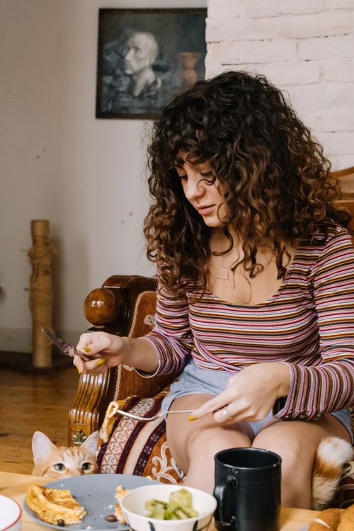 Free A young woman enjoys breakfast at home, sharing a moment with her curious cat indoors. Stock Photo