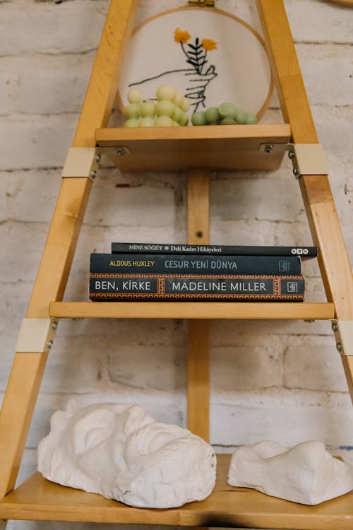 Antiques and Books on Wooden Shelves