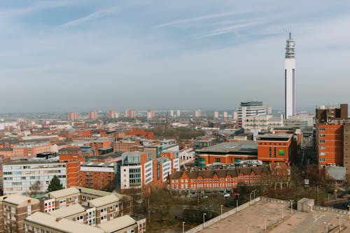 Cityscape with residential buildings and tower