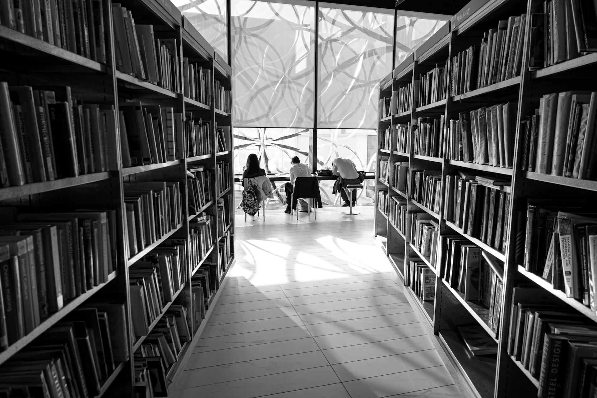 Black and white back view of distant anonymous group of visitors studying at table in library with assorted books on bookshelves