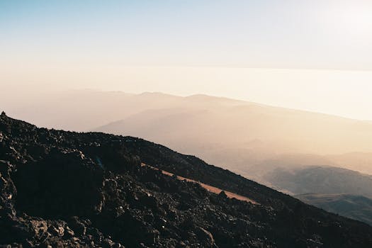 Stunning mountain landscape with clear sky and sunlight in Teide National Park, Tenerife.
