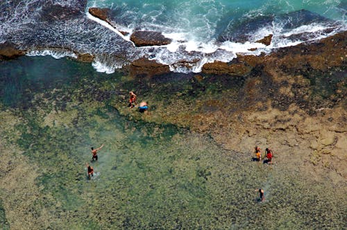 People on Beach near Splashing Ocean