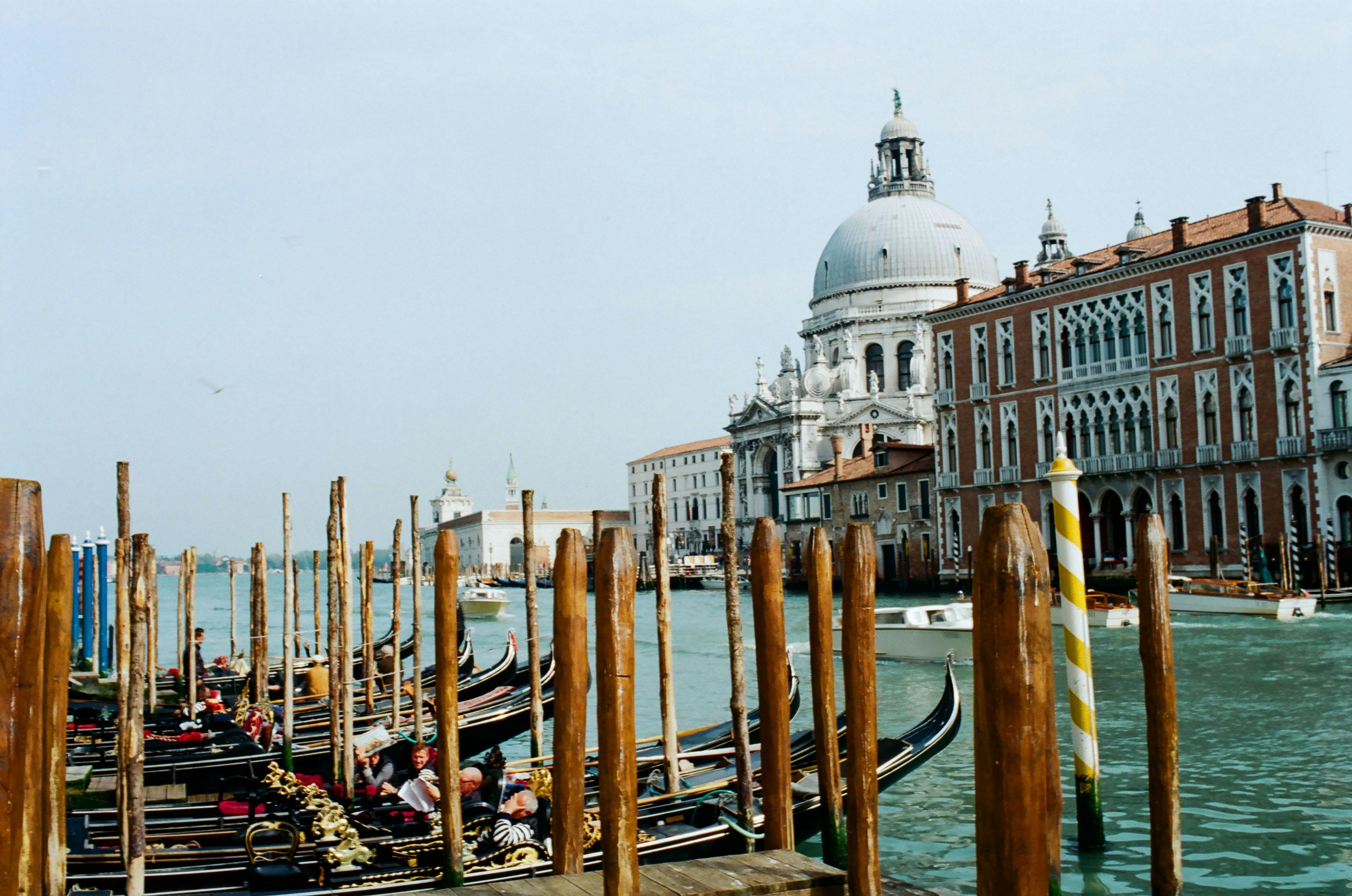 gondolas moored on pier in coastal town