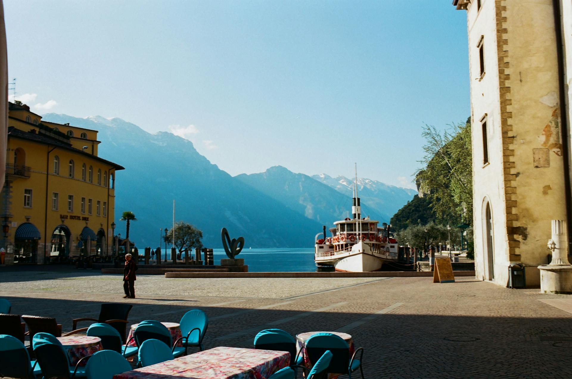 Modern ship moored in coastal town