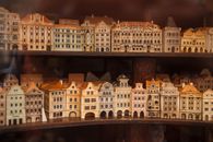 Through glass wall view of small building models with chimneys on roofs and arched doors on wooden shelves