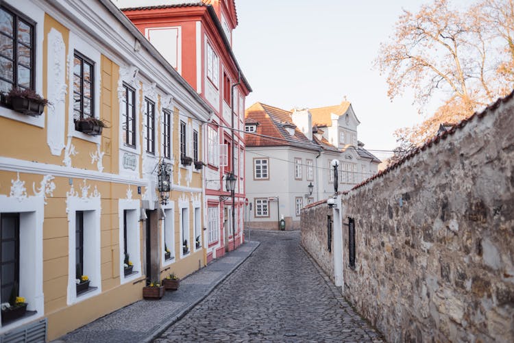 Narrow Street With Old Building Facades In City