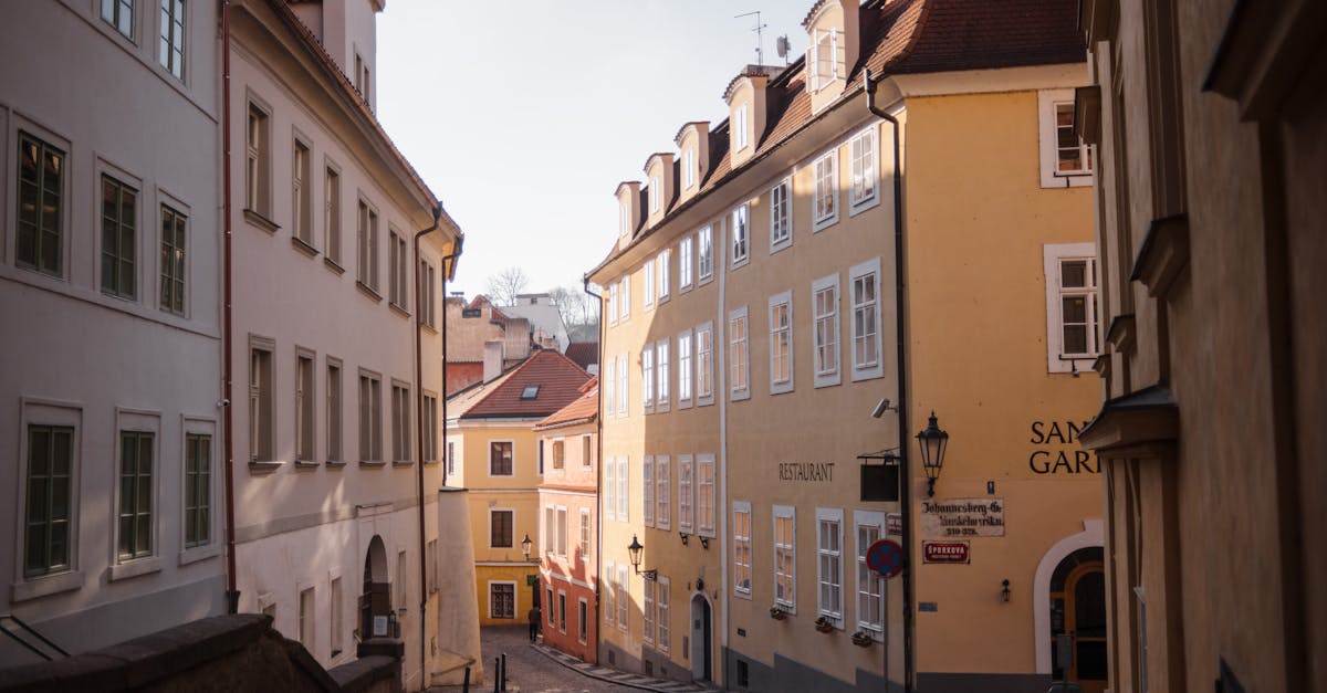 Narrow pedestrian cobblestone street between apartment buildings in residential town district on sunny day