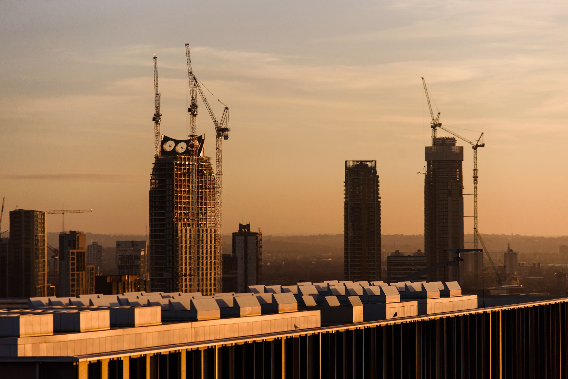 Cityscape of London showcasing modern skyscrapers and cranes at sunset, highlighting urban development.