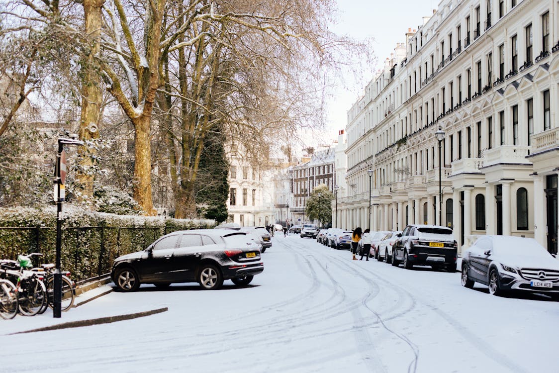 London streets covered with snow on sunny day