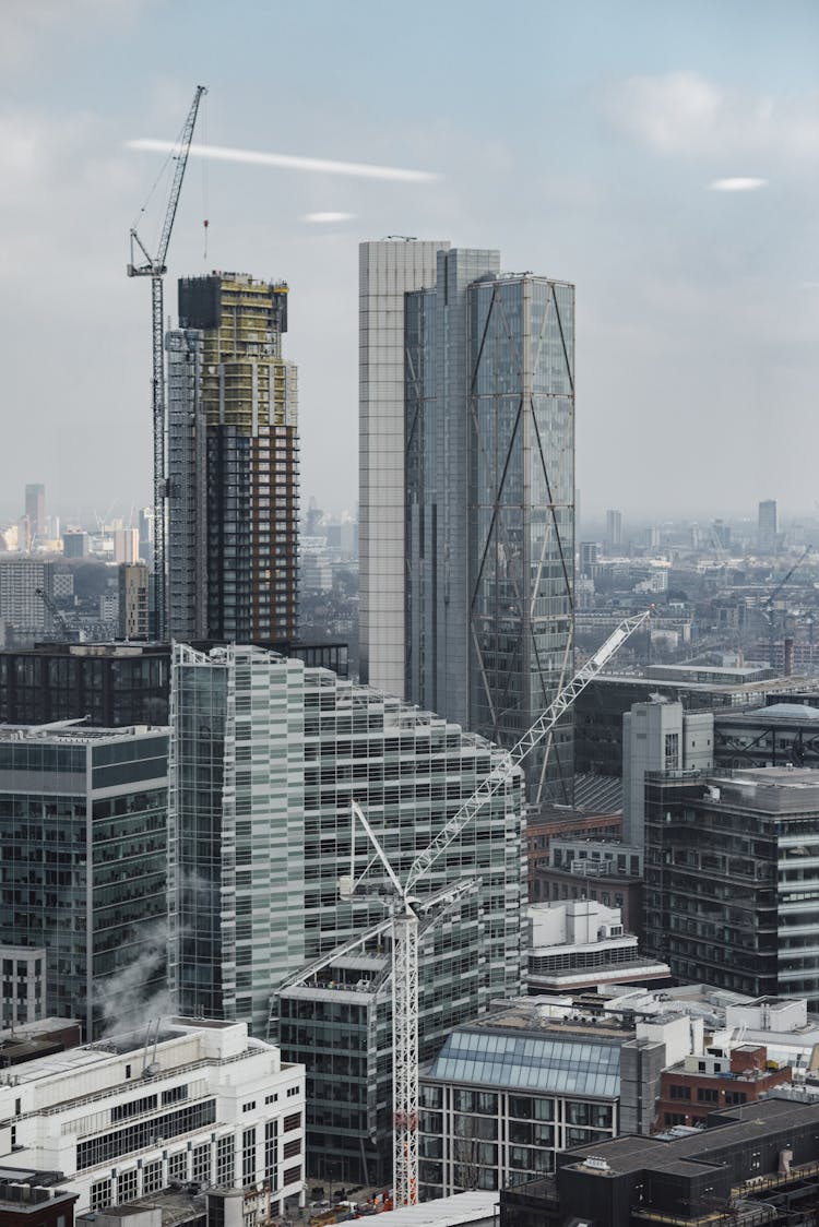 Construction Of Modern Skyscrapers In Financial District Of London