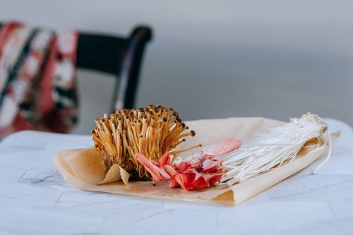 Nameko, pink oyster and enoki mushrooms
